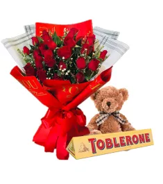 24 Peach Roses Bouquet,Toblerone Chocolate with Bear Send to Philippines