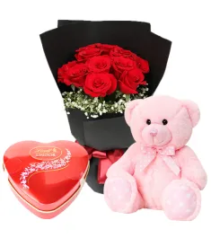 12 Pink Roses Bouquet,Ferrero Chocolate w/ Bear Send to Philippines