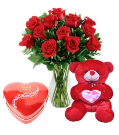 24 Red Roses Bouquet,Ferrero Rocher Box with Bear Send to Philippines