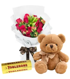 24 Mixed Roses Bouquet,Toblerone Chocolate with Bear Send to Philippines