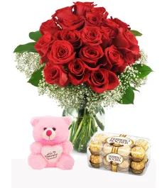 24 Red Roses Vase,Toblerone Chocolate with Bear Send to Philippines