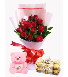 12 Red Roses Bouquet with 2 Mini Bear,Ferrero Heart Shape Box to philippines