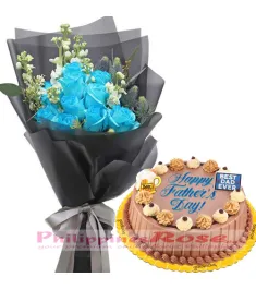 12 Blue Roses with Father's Day Triple Delight Cake