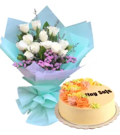 12 White Roses with Vanilla Message Cake By Max's