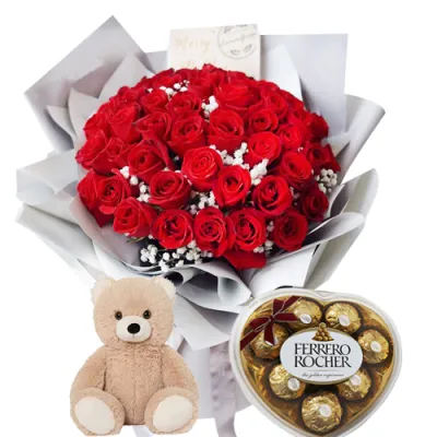 24 Red Roses,Ferrero Chocolate with Bear send to philippines