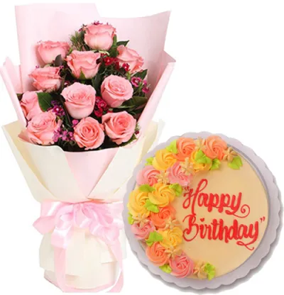 12 Pink Roses with Vanilla Message Cake By Max's