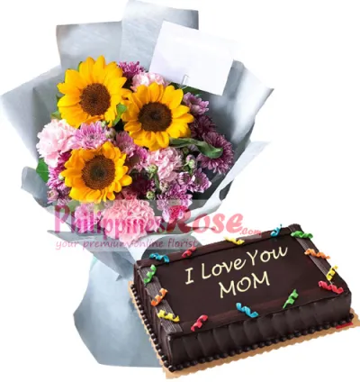 roses sunflowers bouquet with chocolate cake