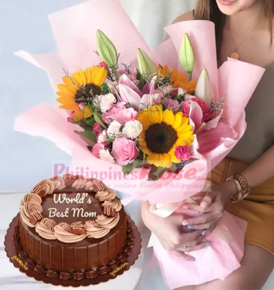 roses sunflowers bouquet with chocolate cake