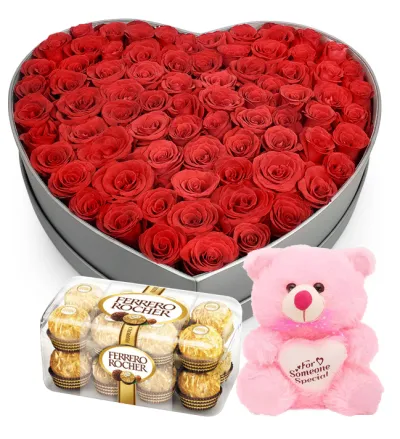 50 Red Heart Shape Roses,Ferrero Chocolate with Pink Bear to Philippines