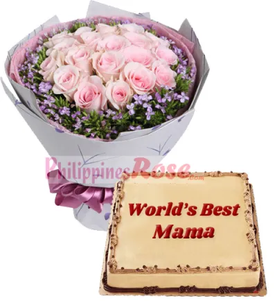 12 Pink Roses in Bouquet with Mocha Dedication Cake