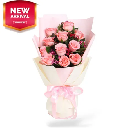 12 Pink Color Roses in Bouquet