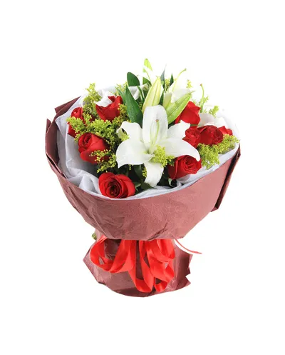 Red Roses with white lilies