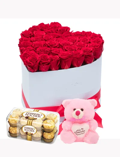 36 Heart Shape Red Roses,Chocolate with Bear to Philippines